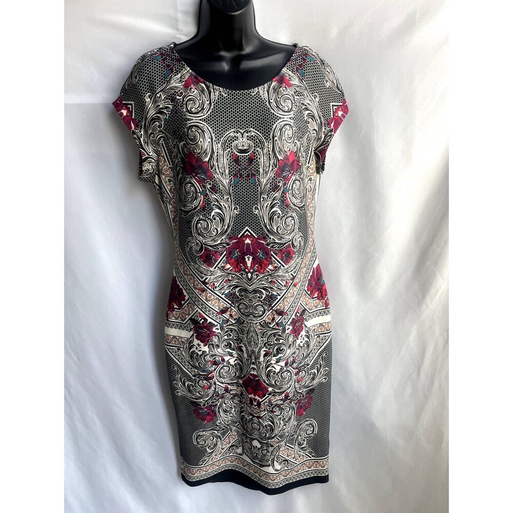 Eci New York Cap Sleeve Colorful Print Dress Size 10 Paisley Floral Grey Pink